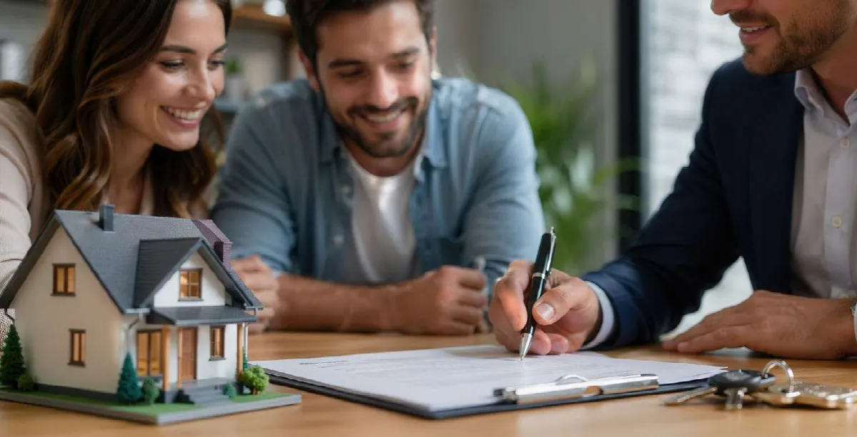 Couple signant son projet de construction avec un conseiller