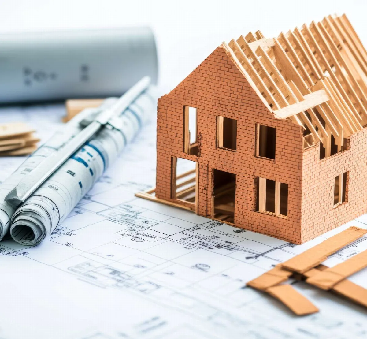 Maquette de maison en construction posée sur des plans