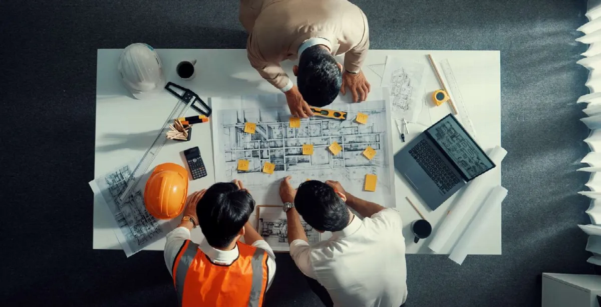 Équipe préparant un chantier autour des plans