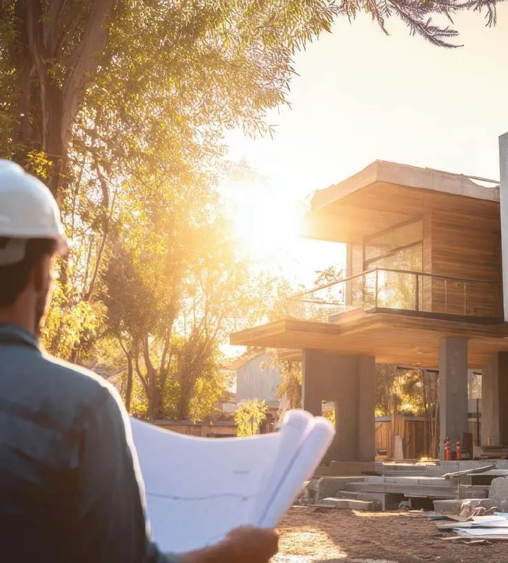 Chef de chantier consultant les plans devant une maison en construction